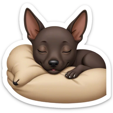 Meme-Worthy Cute Sleeping Xoloitzcuintle dog Portrait Emoji, Head resting peacefully with a contented smile, showcasing a sleek, muscular build with smooth, hairless ebony skin and gently relaxed wrinkles, eyes shut in a serene nap, Simplified yet hilariously adorable features, highly detailed, glowing with a soft, drowsy light, high shine, relaxed and utterly lovable, stylized with an air of playful laziness, bright and heartwarming, soft glowing outline, capturing the essence of a comically sleepy guardian, so meme-worthy it feels like it could instantly become the next viral sensation of adorable slumber! sticker