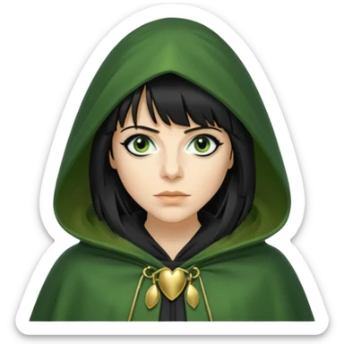 claudia winkleman with a heavy fringe as a traitor with a green hooded cloak with a gold clasp and dark black eyeliner sticker