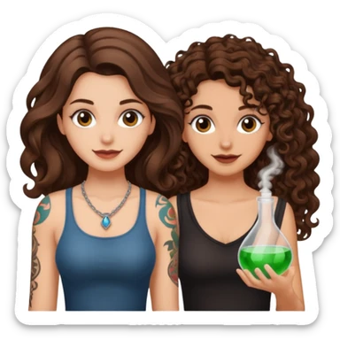 hiding potion — long wavy brown hair tattooed woman and short tight curly brown hair woman — guilty smile sticker