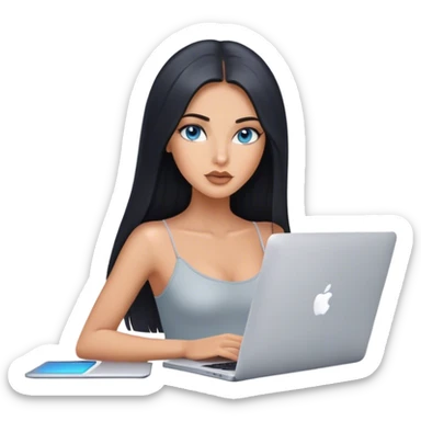 Glamours tanned very beautiful girl with pump nude lips and black straight smooth long hair, blue-grey eyes in top with one MacBook. sticker