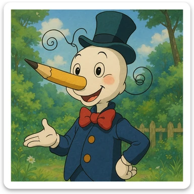 Mr. Squiggle, whimsical cartoon character with a pencil nose, playful and friendly expression, ghibli-inspired style sticker