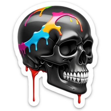 glossy black skull with street style colorful graffiti drips and iconic sports brand logos, side profile sticker
