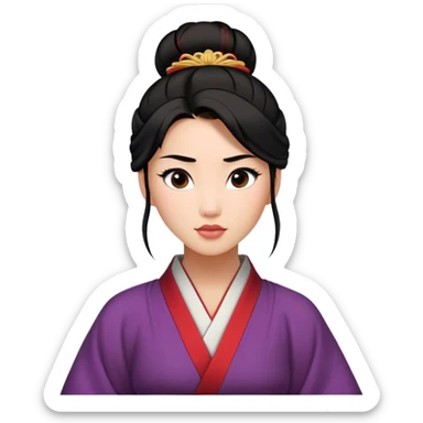 Cinematic Realistic Timeless Mulan Portrait, featuring a serene and confident Mulan with intricately detailed, natural light skin and precisely styled dark hair in a traditional bun. Her expression is calm and assured, and her simple, traditional robe is rendered with realistic textures and delicate, natural folds that catch the light beautifully. The portrait is illuminated by soft, ambient light that creates a natural, radiant finish and subtle glowing outline, perfectly capturing her enduring beauty and quiet strength in a timeless, realistic manner. sticker