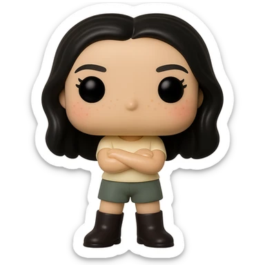 Edit the image into a Funko Pop style vinyl figure with realistic details. The figure should have no mouth, cream-colored top, grey bottoms, dark boots, and arms crossed. Add slightly rosy cheeks, very light freckles, and a mischievous and cheerful expression. The figure has dark hair. Remove the background to make it transparent. sticker