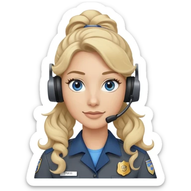 911 dispatcher wearing dark gray uniform with long blonde curly ponytail and blue/gray eyes sticker