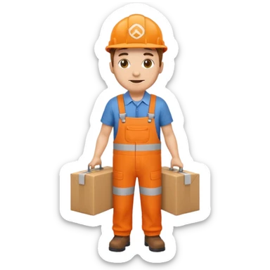 emoji style railway engineer full body in orange overalls, carrying a box with both hands sticker