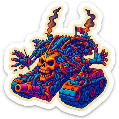 Edit the skull robot tank with 4 arms in retro stickers style with vibrant colors and clean outline on a transparent background, maintaining the retro sticker aesthetic and vibrant color scheme. sticker