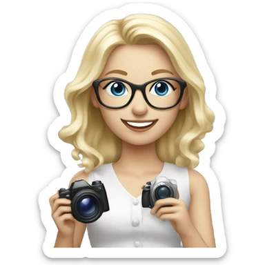 Elegant real blonde girl with glasses smiling blue eyes taking pictures with a camera  sticker