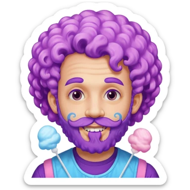 very colorful puffy violet curly haired man just beard  no mustache made out of cotton candy wearing teeth-braces and excessive face tattoos just face  sticker