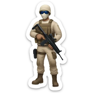 White male, call of duty mask, tan tactical gear, tan pants, combat boots, black beanie, blue eyes sticker