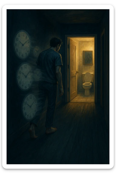 In una scena notturna onirica, un uomo cammina a piedi nudi in un corridoio buio verso un bagno illuminato, ripetutamente. Dietro di lui, come in una scia, ci sono orologi sfocati che simboleggiano il sonno interrotto. Ogni passo è lento, stanco, come se il corpo chiedesse riposo ma la vescica non lo permettesse. sticker