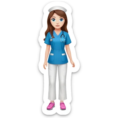 Beautifil Nurse with long brown hair and blue eyes, burgundy tunic, white pants, pink shoes sticker