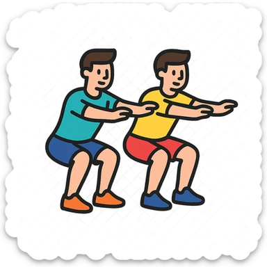 two male gym buddies doing squats together, modern and easy to understand icon style sticker