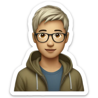 vietnamese young man, short hair with transparent glases wearing hoodie with macbook sticker