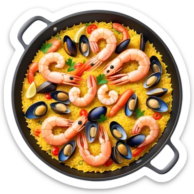 seafood paella in a pan with shrimp, mussels, rice, and saffron sticker
