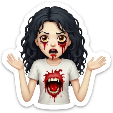 a zombie with long curly black hair volumoso, brown eyes, a white t-shirt and a splash of blood on her t-shirt, mouth open like a zombie sticker