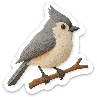 very detailed tufted titmouse perched on a tree branch, intricate cut paper textures, soft gray feathers, white belly, black forehead, expressive crest sticker