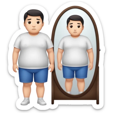 A young Asian guy looks sadly at his overweight body in the full-length mirror. sticker