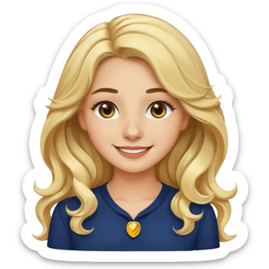 female with long wavy blonde hair, brown eyes, small gold nose stud, black eyeliner, navy blue blouse, emoji style, smiling sticker