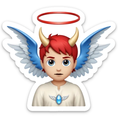 cartoon emoji left side angel with halo, blue eye, white wing, right side devil with horn, red eye, bat wing, both expressions visible sticker
