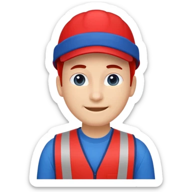front-facing emoji-style character representing a Lowe’s store associate, flat vector style, clean and minimalist like Apple emojis, wearing a bright red vest and a blue cap in Lowe’s brand blue #004990, soft smile, rounded facial features, sticker-like outline, no logos, no text, centered sticker