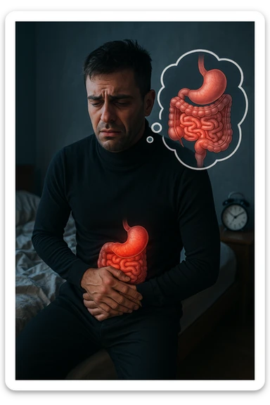 a tired-looking man sits on the edge of his bed at dawn, holding his stomach with a pained expression. Dark circles under his eyes and a messy bed indicate poor sleep. In the background, a clock shows early morning hours, and a thought bubble or overlay highlights digestive organs, emphasizing intestinal discomfort linked to sleep deprivation. sticker