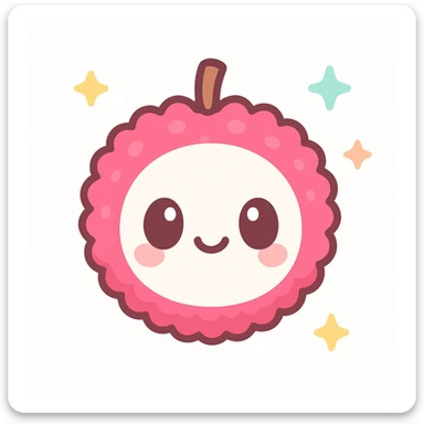 playful colorful kawaii lychee emoji, round white face, big shiny eyes, happy smile, bright pink bumpy skin, small brown stem, glossy 3D look, soft shading, detailed texture, cheerful expressive plush toy style sticker