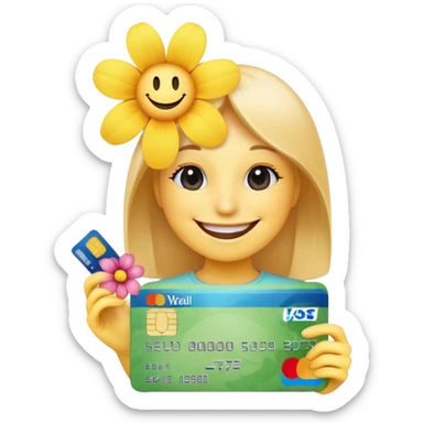 happy smiley with credit card and flower sticker