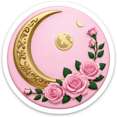 A round pink button with a cream colored crescent damask moon and pink roses in the center sticker