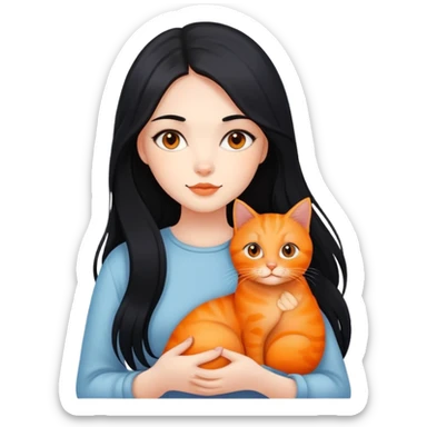 A beautiful girl with fair skin and long black hair is holding two orange cats sticker