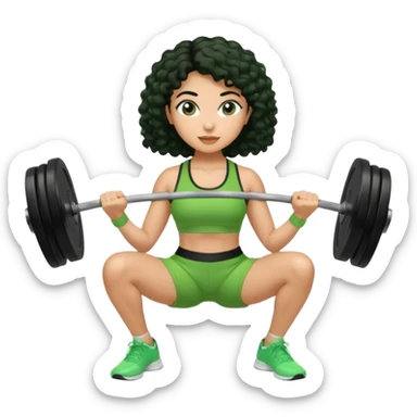 woman with olive skin and curly black hair wearing a green workout outfit (shorts) and lifting weights sticker