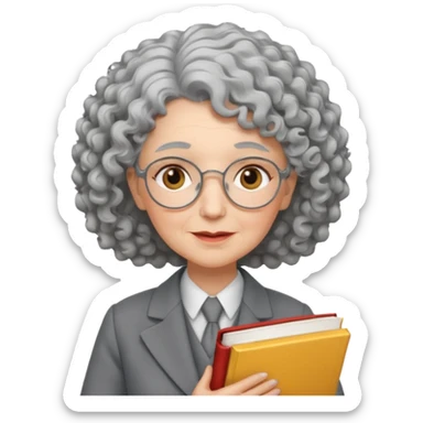 elderly female, curly hair, holding book, wearing gray suit sticker