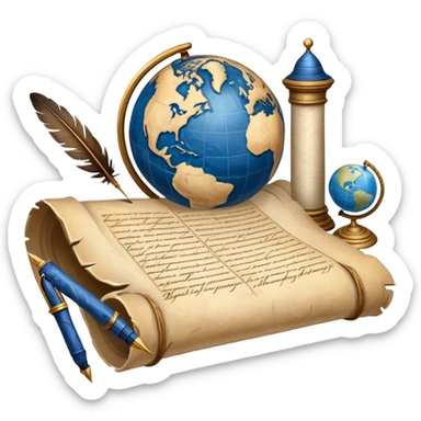 An icon featuring an ancient scroll, a quill pen, and a globe, symbolizing the study of history. The design includes a timeline with significant historical events, with ruins in the background to evoke past civilizations. Transparent background emphasizes the exploration of human history sticker