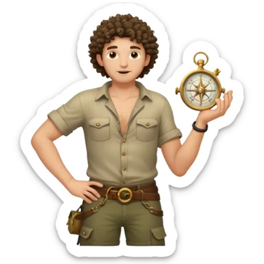 full body jungle explorer man, curly hair, from behind, half-open shirt slipping off shoulders, relic compass in hand sticker