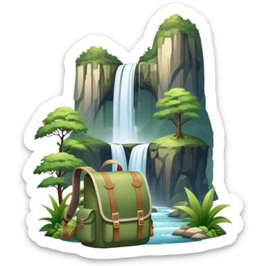 Icon for Ecotourism: lightweight hiking backpack and a scenic landscape with lush green forests, a waterfall, and wildlife, such as birds or animals in background. Transparent background. sticker
