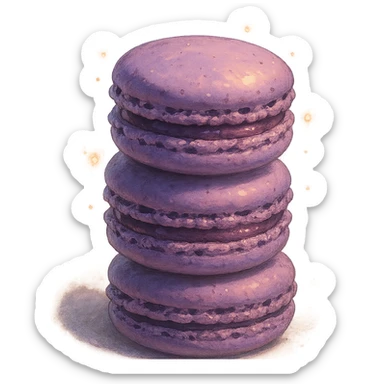realistic Ghibli style stack of purple macarons, dreamy lighting, whimsical and delicious sticker