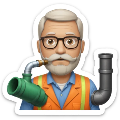 50 year old bearded and moustached white male wearing glasses. In his mouth is a sewer pipe and out the end is flowing brown liquid into a street gutter. sticker