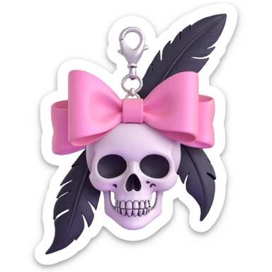 3D emoji style pink bow with gothic effect, pastel pink to black gradient, black feather accents, silver skull charm sticker