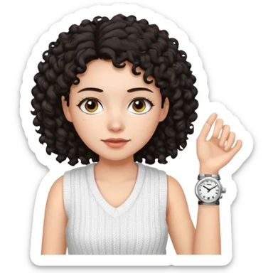 Chica joven con cabello rizado y oscuro, piel clara, vestida con un chaleco tejido blanco con rayas negras y una camiseta blanca debajo. Lleva un reloj plateado  sticker