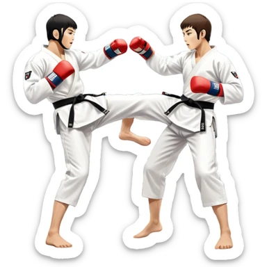 Two taekwondo fighters in traditional white doboks with black belts. One delivers a powerful kick, while the other defends by blocking with his knee. The background shows a professional arena with bright lights and an excited crowd. Transparent background highlights the intense action sticker