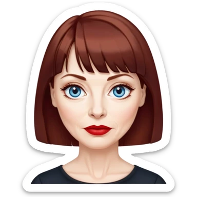 Woman in her late 50s with pale skin, wider face, more pronounced wrinkles, blue eyes with eyeliner, thin eyebrows, small nose, red lipstick, dark auburn hair with bangs, wearing a black top sticker