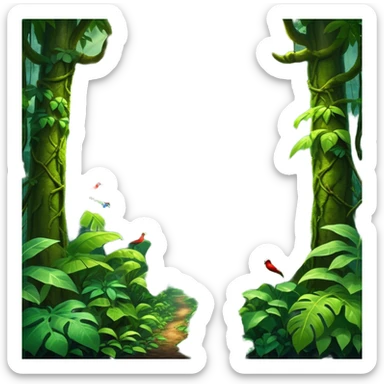 Cinematic Realistic Rainforest Emoji in a frame, Lush and vibrant, filled with towering trees, thick vines, and dense green foliage, sunlight filtering through the canopy above, creating dappled patches of light on the rich, diverse undergrowth. The air is heavy with moisture, with mist rising from the forest floor and distant calls of exotic birds and animals echoing through the trees. Soft glowing outline, capturing the essence of a thriving, untamed tropical paradise filled with life! sticker