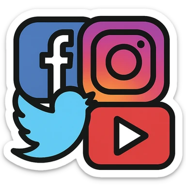 group of social media icons merged into one icon, color outline style, each platform logo simplified and harmonized for unified look sticker
