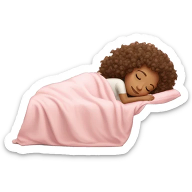 curly haired girl with tan skin sleeping in bed under light pink covers  sticker