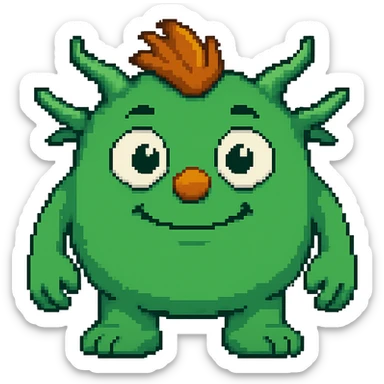 Make the monster Kelly green, give it a more oval face, and make it look friendlier. Keep the orange nose and orange hair. Preserve transparent background. sticker