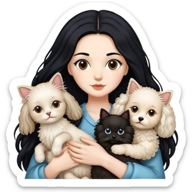 A lady with long black hair holding two animals, a long hair Ragdoll cat and a small poodle  sticker