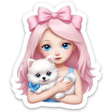 Burnt girl white skin blue eyes hugging white Pomeranian with light pink bow sticker