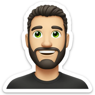 Handsome man with dark hair, gradient short hair on the side, green eyes. Big smile and thin face. Black t-shirt. A little beard. Emoji bubble next to his mouth to indicate he talking sticker