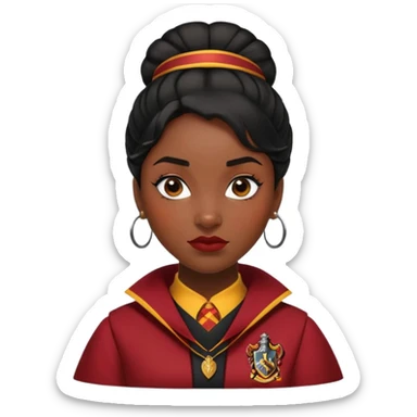Angelina Johnson in harry potter, wear hogwarts gryfindor uniform,  thick, black bun hair , reflecting her bold, stylish, and strong personality sticker