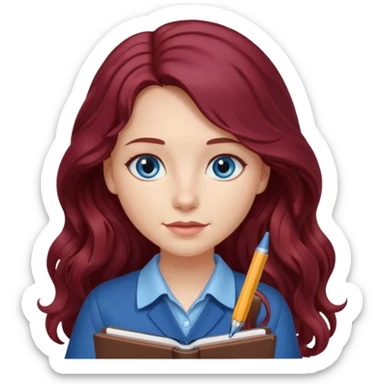 girl with long wavy burgundy hair, blue eyes and a notebook sticker